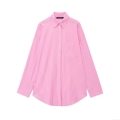 Women's Pink Striped Button Down Long Sleeve Shirt Casual Loose Lapel Blouse With Pocket Polyester Woven Top For Women Daily Wear