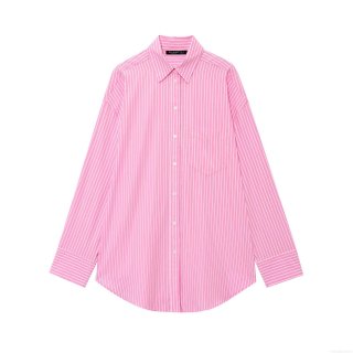 Women's Pink Striped Button Down Long Sleeve Shirt Casual Loose Lapel Blouse With Pocket Polyester Woven Top For Women Daily Wear