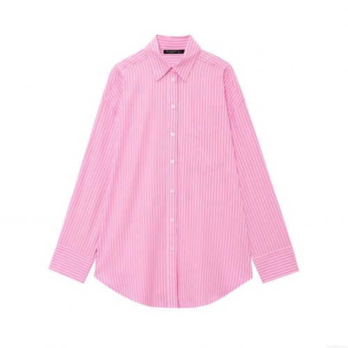 Women's Pink Striped Button Down Long Sleeve Shirt Casual Loose Lapel Blouse With Pocket Polyester Woven Top For Women Daily Wear
