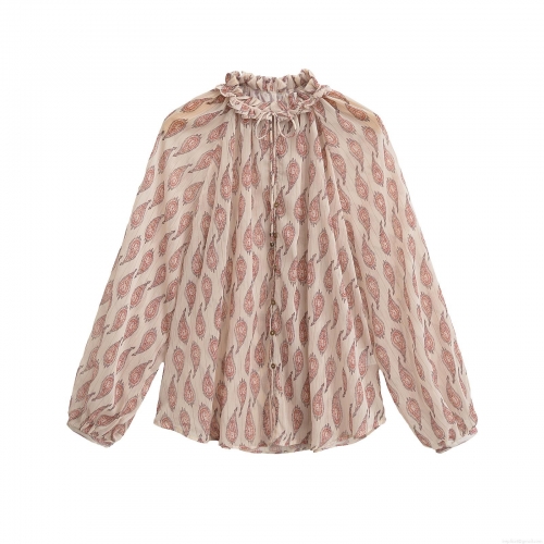 Women's Paisley Print Chiffon Blouse With Gold Lurex Metallic Thread Ruffle Stand Collar Long Lantern Sleeve Single Breasted Casual Shirt Top