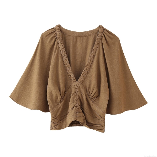 Women's V-Neck Shirred Smocking Blouse Linen Blend Tiered Flare Sleeve Top Casual Solid Color Pullover For Women Fashion