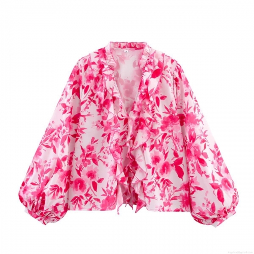 Elegant Pink Floral Print Shirt Women's Layered Ruffle Stand Collar Long Puff Sleeve Blouse Casual Polyester Chiffon Tops For Dating Daily
