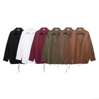 Women's Sexy V Neck Lace Up Blouse 100% Polyester Long Sleeve Solid Color Shirt With Metal Eyelets Casual Office Chic Tops