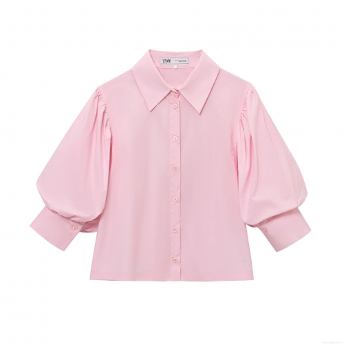 Women Puff Sleeve Shirt Collar Blouse Polyester Cotton Poplin Solid Color Single Breasted Button Down Office Elegant Blouse Tops for Women Daily Dating
