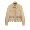 Women's Faux Suede Shirt Jacket Laser Cut Hollow Out Floral Hem Long Sleeve Metal Button Elegant Vintage Khaki Top For Casual Office Party