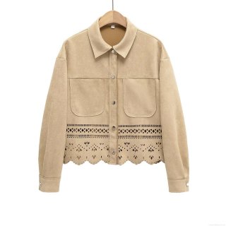 Women's Faux Suede Shirt Jacket Laser Cut Hollow Out Floral Hem Long Sleeve Metal Button Elegant Vintage Khaki Top For Casual Office Party