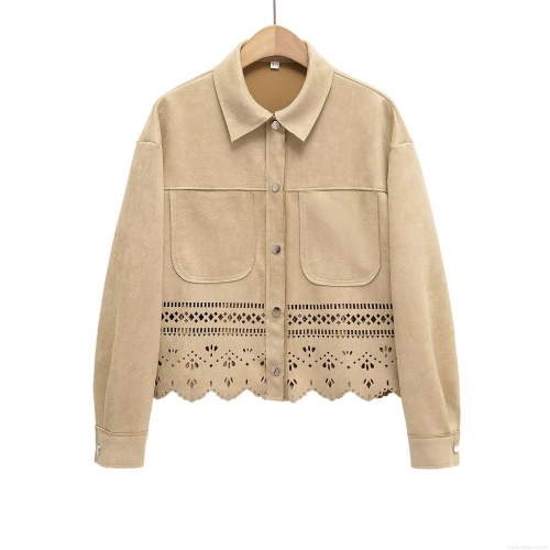 Women's Faux Suede Shirt Jacket Laser Cut Hollow Out Floral Hem Long Sleeve Metal Button Elegant Vintage Khaki Top For Casual Office Party