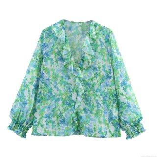 Women's Floral Print Chiffon Blouse Elegant Ruffle Trim Long Sleeve Pullover Top For Casual Daily Wear Sweet Style Lady Shirt