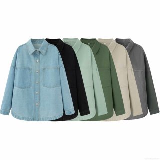 Women's Vintage Denim Shirt Jacket Long Sleeve Button Down Blouse With Pockets Casual Loose Fit Washed Outerwear Tops For Daily Streetwear Women