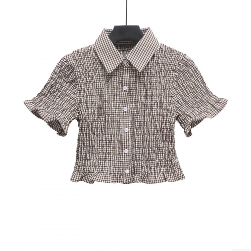 Women's Smocked Plaid Shirt Brown White Gingham Short Sleeve Button Down Cropped Top With Ruffle Trim And Turnover Collar Vintage Sweet Summer Blouse For Women Daily Wear