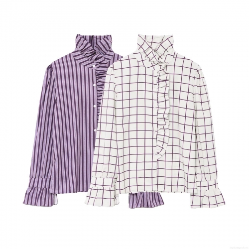 Women's Vintage Elegant Ruffle Stand Collar Long Sleeve Blouse Purple Plaid Stripe Polka Dot Print Shirt Single Breasted Casual Polyester Tops for Women