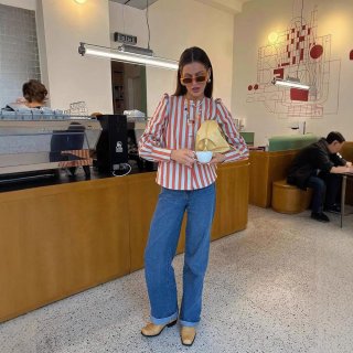 Women's Retro Striped Puff Sleeve Shirt Elegant Long Sleeve Button Down Blouse Contrast Color Polyester Top For Casual Daily Commuting