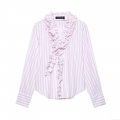 Women Sweet Pink White Vertical Striped Long Sleeve Blouse With Ruffle Trim V Neck Elegant Casual Button Down Shirt Tops