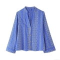 Bohemian Women's Geometric Embroidery Blouse V-Neck Long Sleeve Shirt Casual Polyester Cotton-Linen Texture Tops With Wood Buttons Ethnic Style For Women