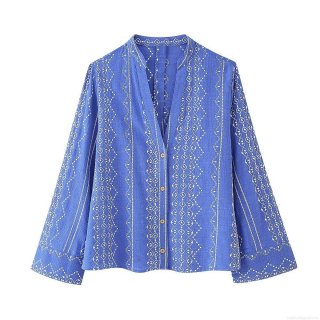 Bohemian Women's Geometric Embroidery Blouse V-Neck Long Sleeve Shirt Casual Polyester Cotton-Linen Texture Tops With Wood Buttons Ethnic Style For Women