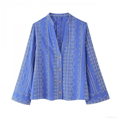Bohemian Women's Geometric Embroidery Blouse V-Neck Long Sleeve Shirt Casual Polyester Cotton-Linen Texture Tops With Wood Buttons Ethnic Style For Women
