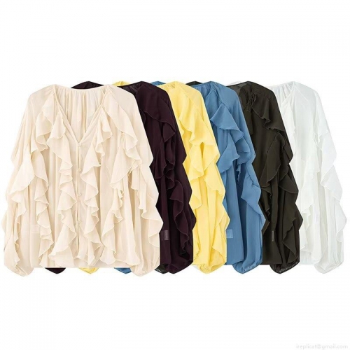 Women Retro V-Neck Ruffle Chiffon Shirt Long Sleeve Tiered Elegant Button Down Blouse Top Solid Color Sweet Fresh Office Lady Fashion Wear