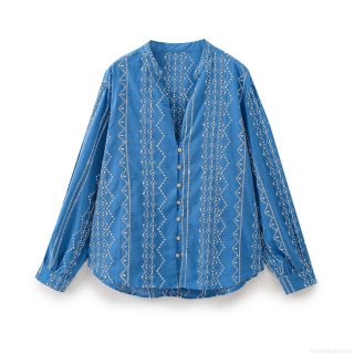 Women's Ethnic Embroidery V-Neck Long Sleeve Shirt 85% Cotton 15% Polyester Geometric Pattern Button Down Blouse Casual Spring Autumn Loose Top