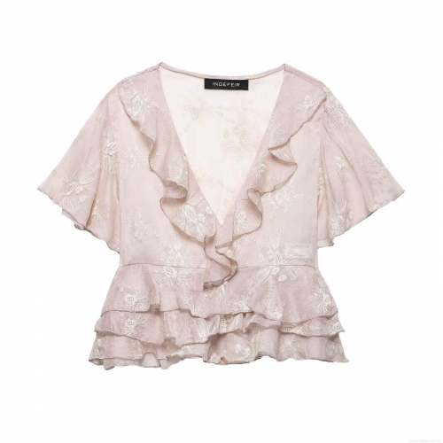 Women Sweet V Neck Chiffon Blouse Tiered Ruffle Hem Flower Embroidered Top Short Flutter Sleeve Light Pink Embroidery Shirt For Daily Dating Summer