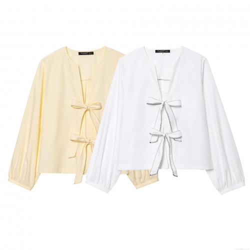 Women's Elegant Long Sleeve Bow Tie Front Poplin Blouse Solid Color Sweet Polyester Shirt For Office Daily Casual Wear