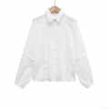 Women's White Lace Hollow Out Long Sleeve Shirt Elegant Cotton Blend Embroidery Blouse Ruffle Collar Button Down Top For Office Daily Casual Sweet Chic Ladies Tops