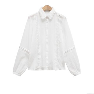 Women's White Lace Hollow Out Long Sleeve Shirt Elegant Cotton Blend Embroidery Blouse Ruffle Collar Button Down Top For Office Daily Casual Sweet Chic Ladies Tops