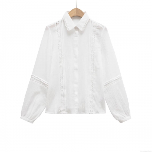 Women's White Lace Hollow Out Long Sleeve Shirt Elegant Cotton Blend Embroidery Blouse Ruffle Collar Button Down Top For Office Daily Casual Sweet Chic Ladies Tops