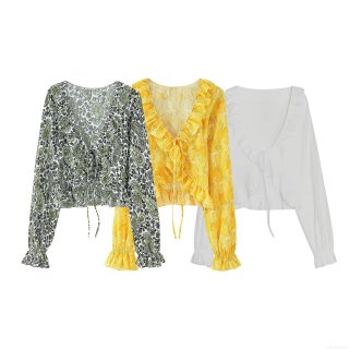 Women's V-Neck Ruffle Blouse Long Sleeve Tie Front Top Polyester Paisley Floral Solid Color Sweet French Style Shirt Layered Ruffle Trim Casual Party Elegant Streetwear