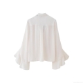 Elegant Women Chiffon Blouse Long Sleeve Ruffle Flare Cuff Bow Tie Neck Top Ivory Cream Solid Color Sweet Chic Casual Work Office Shirt For Ladies Spring Autumn Fashion