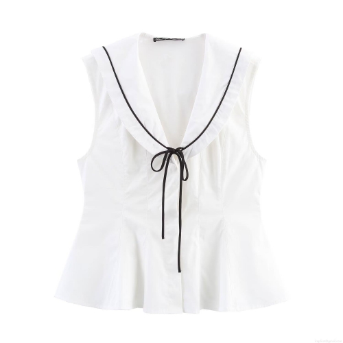 Women's Sleeveless Bow Trim Poplin Top Sweet Sailor Collar Contrast Piping Slim Fit Summer Blouse INS Fashion Elegant White Top