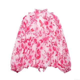 Women's Pink Floral Print Polyester Blouse Elegant V-Neck Ruffle Long Lantern Sleeve Top For Daily Dating Sweet Style Shirts