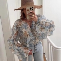 Women Elegant Layered Ruffle V-Neck Long Sleeve Chiffon Blouse Sweet Casual Solid Floral Print Button Up Shirt For Daily Dating Party Ladies Top