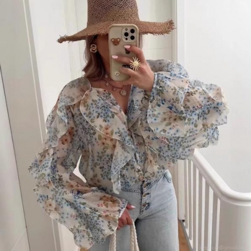 Women Elegant Layered Ruffle V-Neck Long Sleeve Chiffon Blouse Sweet Casual Solid Floral Print Button Up Shirt For Daily Dating Party Ladies Top