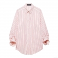 Women's Oversized Striped Shirt Long Sleeve Button Down Blouse With Gathered Cuffs High Low Hem Casual Loose Top For Daily Work Pink White