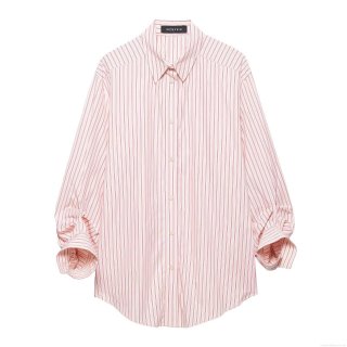 Women's Oversized Striped Shirt Long Sleeve Button Down Blouse With Gathered Cuffs High Low Hem Casual Loose Top For Daily Work Pink White