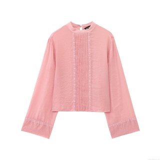Women's Elegant Tencel Pink Blouse With Lace Trim Pleated Ruffles Long Sleeve Standing Collar Sweet Shirt For Daily Office Party Ladies Tops