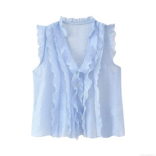 Women's Light Blue Ruffle Sleeveless Blouse Elegant V-Neck Button Down Pleated Chiffon Texture Polyester Summer Top For Daily Casual Party Date Women Clothing