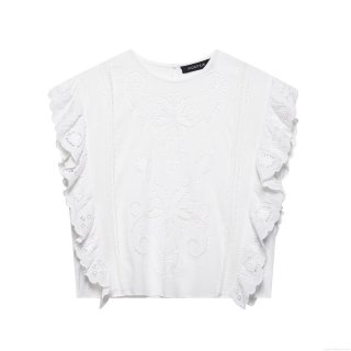 Women's White Embroidery Hollow Out Sleeveless Blouse Ruffle Flying Sleeve Slim Fit Casual Summer Top Floral Lace Elegant Pullover Shirt