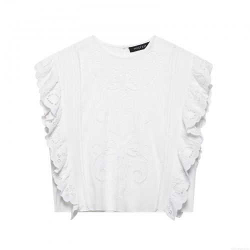 Women's White Embroidery Hollow Out Sleeveless Blouse Ruffle Flying Sleeve Slim Fit Casual Summer Top Floral Lace Elegant Pullover Shirt