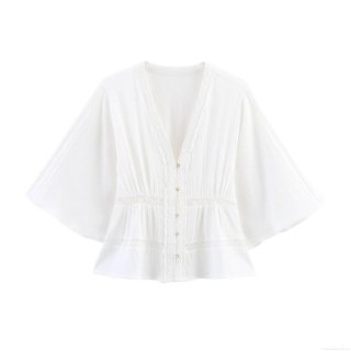 Women's Elegant Solid Color Lace Trim V Neck Blouse Short Sleeve Pleated Button Up Shirt Sweet Summer Top For Lady