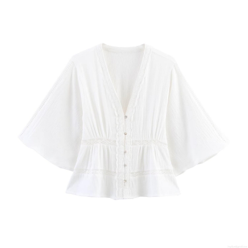 Women's Elegant Solid Color Lace Trim V Neck Blouse Short Sleeve Pleated Button Up Shirt Sweet Summer Top For Lady