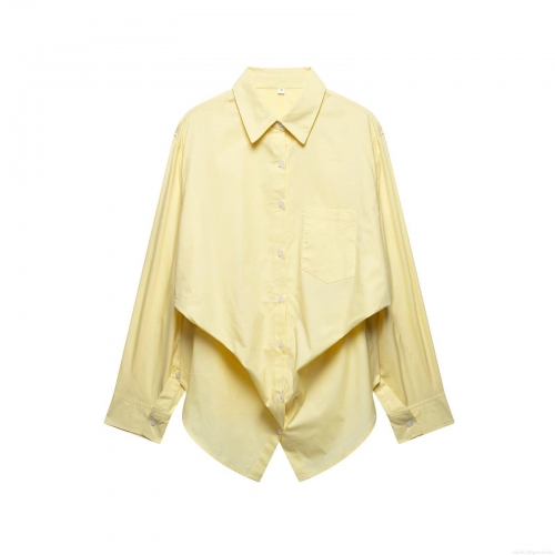 Women's Long Sleeve Polyester Poplin Shirt Elegant Minimalist Irregular Layered Hem Blouse With Single Pocket Casual Office Top For Lady