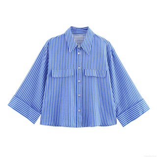 Women's Casual Linen Blend Vertical Striped Blouse Shirt Button Down 3/4 Sleeves Relaxed Fit Tops With Double Chest Pockets For Summer Holiday