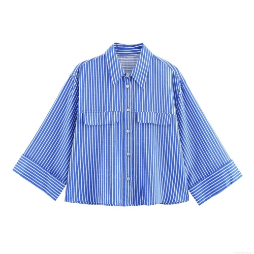 Women's Casual Linen Blend Vertical Striped Blouse Shirt Button Down 3/4 Sleeves Relaxed Fit Tops With Double Chest Pockets For Summer Holiday