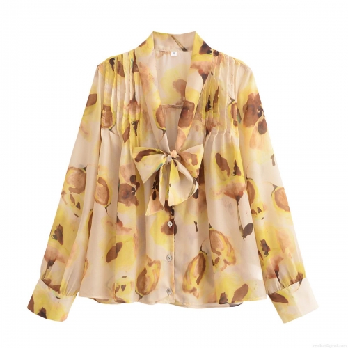 Women's Elegant Chiffon Floral Blouse With Bow Tie Neck Vintage Long Sleeve Ruffle Shoulder Printed Shirt Top For Daily Dating Party