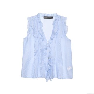 Women's Light Blue Ruffle V-Neck Sleeveless Blouse Sweet Elegant Chiffon-like Button-Down Summer Top For Daily Dating Chic Lady Clothes