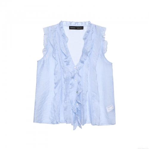 Women's Light Blue Ruffle V-Neck Sleeveless Blouse Sweet Elegant Chiffon-like Button-Down Summer Top For Daily Dating Chic Lady Clothes