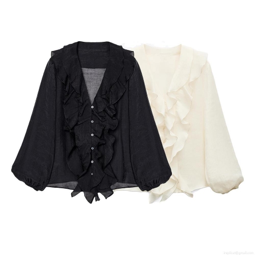 Women's Elegant V-Neck Ruffle Blouse Long Sleeve Button Down Shirt Chic Layered Ruffled Tops For Dating Party Ladies Solid Color Polyester Blouse