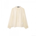 Women Elegant Pleated Blouse Shirt Ruffled Stand Collar Bow Tie Neck Long Sleeve Polyester Blend Top For Office Daily Wear Champagne Cream
