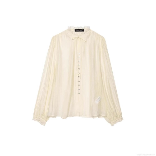 Women Elegant Pleated Blouse Shirt Ruffled Stand Collar Bow Tie Neck Long Sleeve Polyester Blend Top For Office Daily Wear Champagne Cream